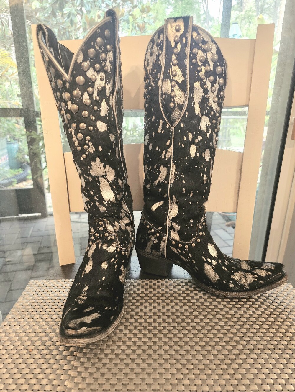 Lane Wild Hair Cinder Western Boots • Black & SilverHair-On-Hide • Studded • 7.5